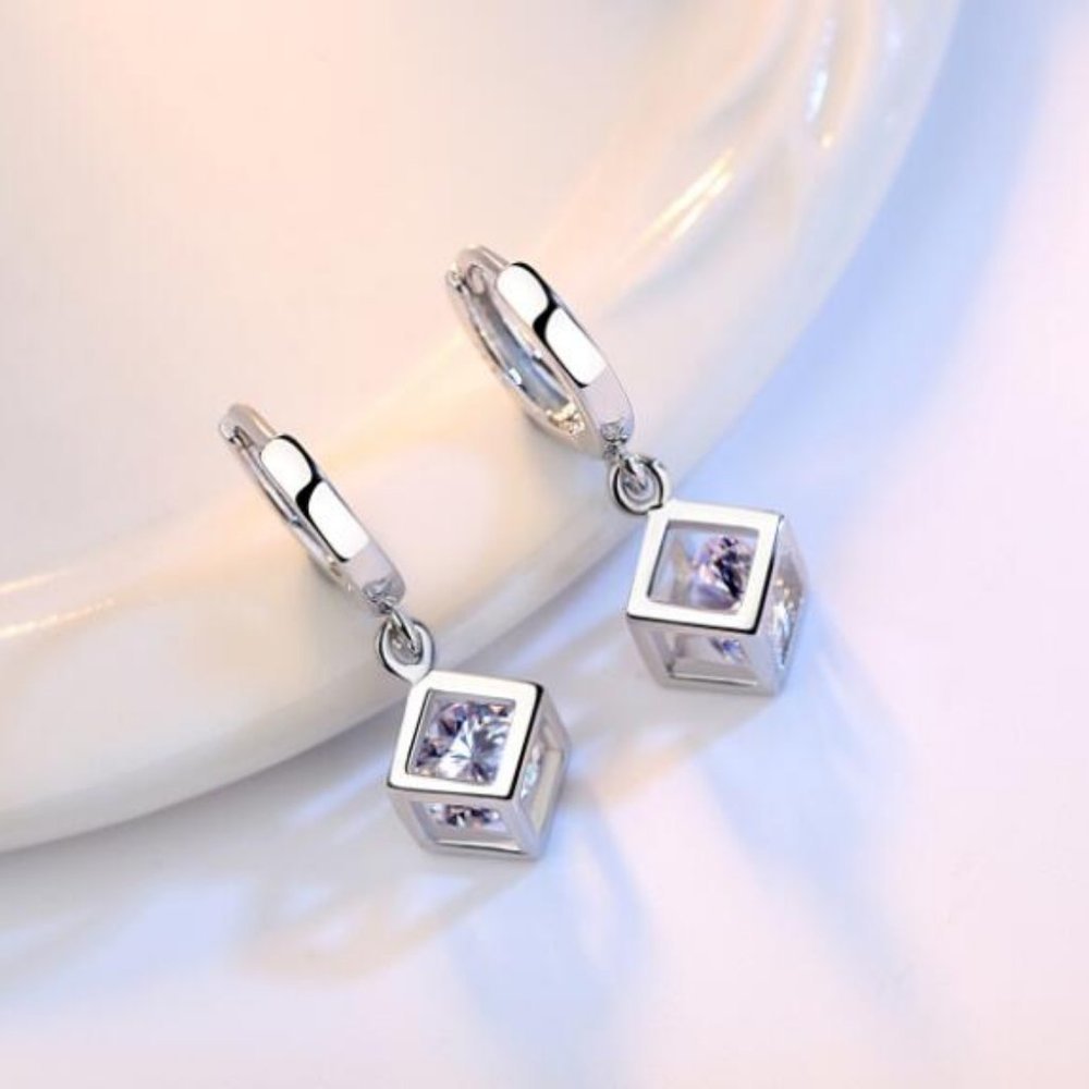 *NEW [Set of 3] 925 Sterling Silver Diamond Cube E - Picture 6 of 13